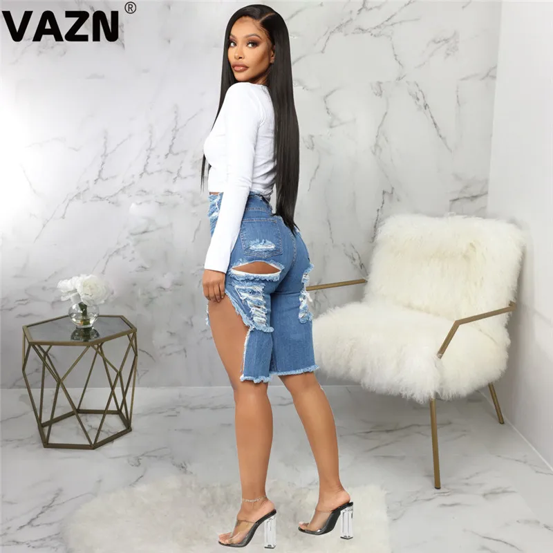 VAZN GHSF12068 популярные продажи нерегулярные Открытые Сексуальные уличные модные однотонные женские тонкие джинсовые брюки до колена