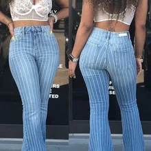 Женские полосатые расклешенные джинсы с высокой талией, расклешенные джинсовые штаны, широкие брюки