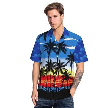 

HOHO 2020 Men Summer Beach Shirt Palm Sea Printed Casual Loose-Fit Short-sleeved Shirt