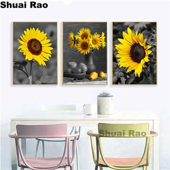 

Sunflower 3 Pieces Diamond Painting Cross Stitch Full Square/Round still life Diamond Mosaic Kit puzzles Black and White decor