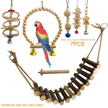 

7pcs Bell Natural Wood Climbing Ladder Easy Install Interactive Parakeet Bird Cage Accessories Parrot Toy Set Funny Budgerigar
