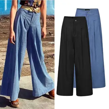 

Female Palazzo ZANZEA 2020 Fashion Wide Leg Pants Women Zipper Up High Waist Trousers Solid Loose Pockets Pantalon Streetwear