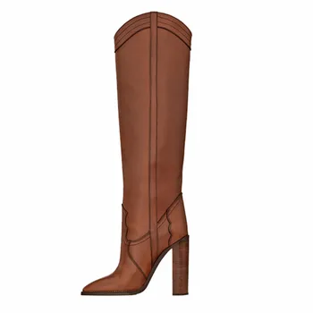 

Large Catwalk Model 2020 Fall New Knee-High Boots High Quality Genuine Leather Long Boots Pointed Square Heel Women Shoes 9.8cm