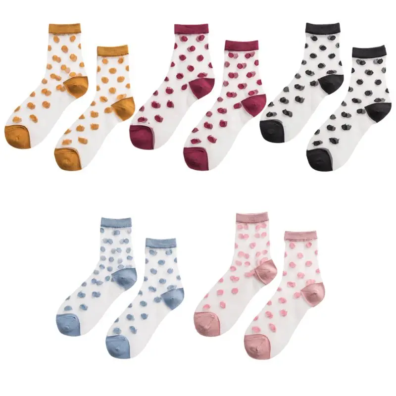 

Women Girls Retro Large Polka Dot Ankle Socks Summer Sheer Glass Fiber Splicing Sweet Candy Color Harajuku Short Tube Hosiery