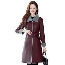 Женская меховая кожаная куртка зима осень размера плюс 6 xlмягкая кожаная куртка длинное пальто женская мягкая тонкая верхняя одежда из меха ягненка с поясом