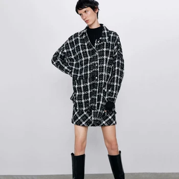 

ZA 2019 Winter 2 Piece Set Women Top And Skirt Fashion Clothes Plaid Tweed Ladies Loose Long Sleeve Single Breasted Coat Skirts