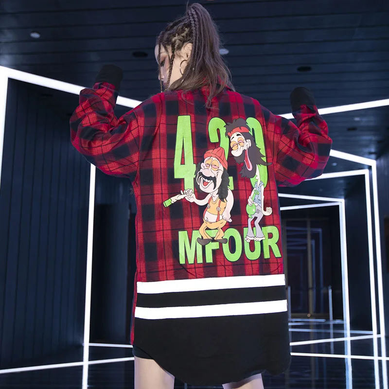 

Aolamegs Shirts Men Cartoon Print Shirts Full Sleeve High Street Style Funny Plaid Hip Hop Print Casual Couple Streetwear Autumn