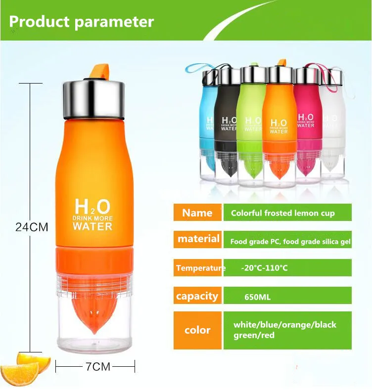 Drinkware For Outdoor new hot 650ML H2O Lemon Juice Fruit Water Bottle Infuser Portable Shaker Sports Bottle BPA Free gift
