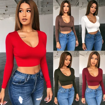 

Women Long Sleeve Sexy Crop Tops T-Shirts Summer Autumn Tee Top Deep V Neck Solid Color Basic Tops Slim Female Shirts