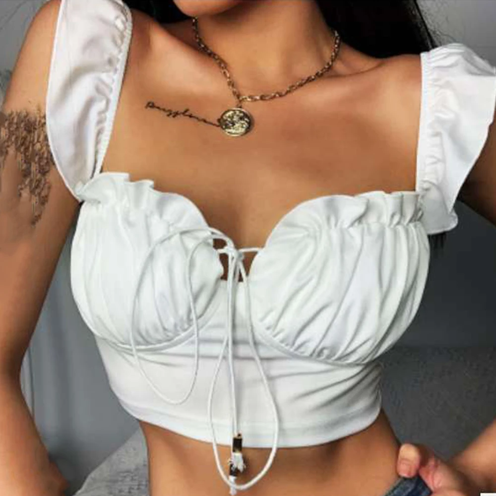 Сексуальный белый летний корсет с оборками укороченный топ Женский Повседневный