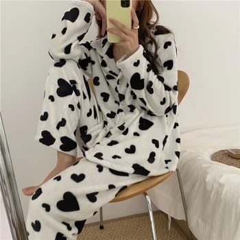 

Printing Gentle Two-piece Suits Chic Women Soft Sweet Sleepwear Warm Cute Winter Loose Pajamas Fresh Home Clothes