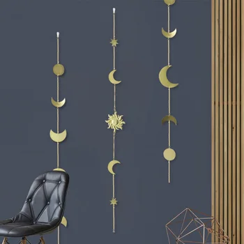 

Metal Round Piece Sun ,Moon And Star Shape Hanging Decoration Photo At Night Living Room Wall Hanging Decoration With Chains