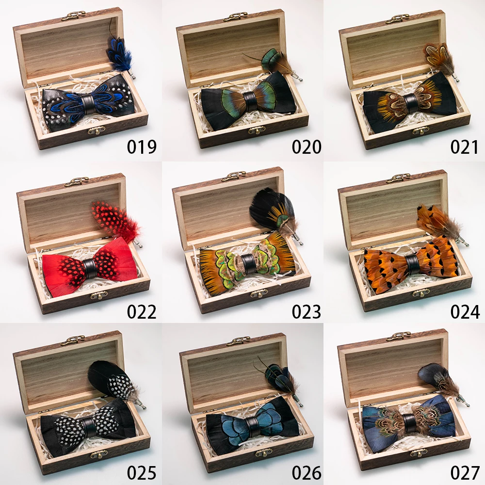 EASTEPIC Handgefertigte Feder-Fliege-Brosche, Holzkiste-Set, exquisite Accessoires für Herren, für Hochzeit, Party, Geburtstag, Geschenk, Krawatte – Detail 6