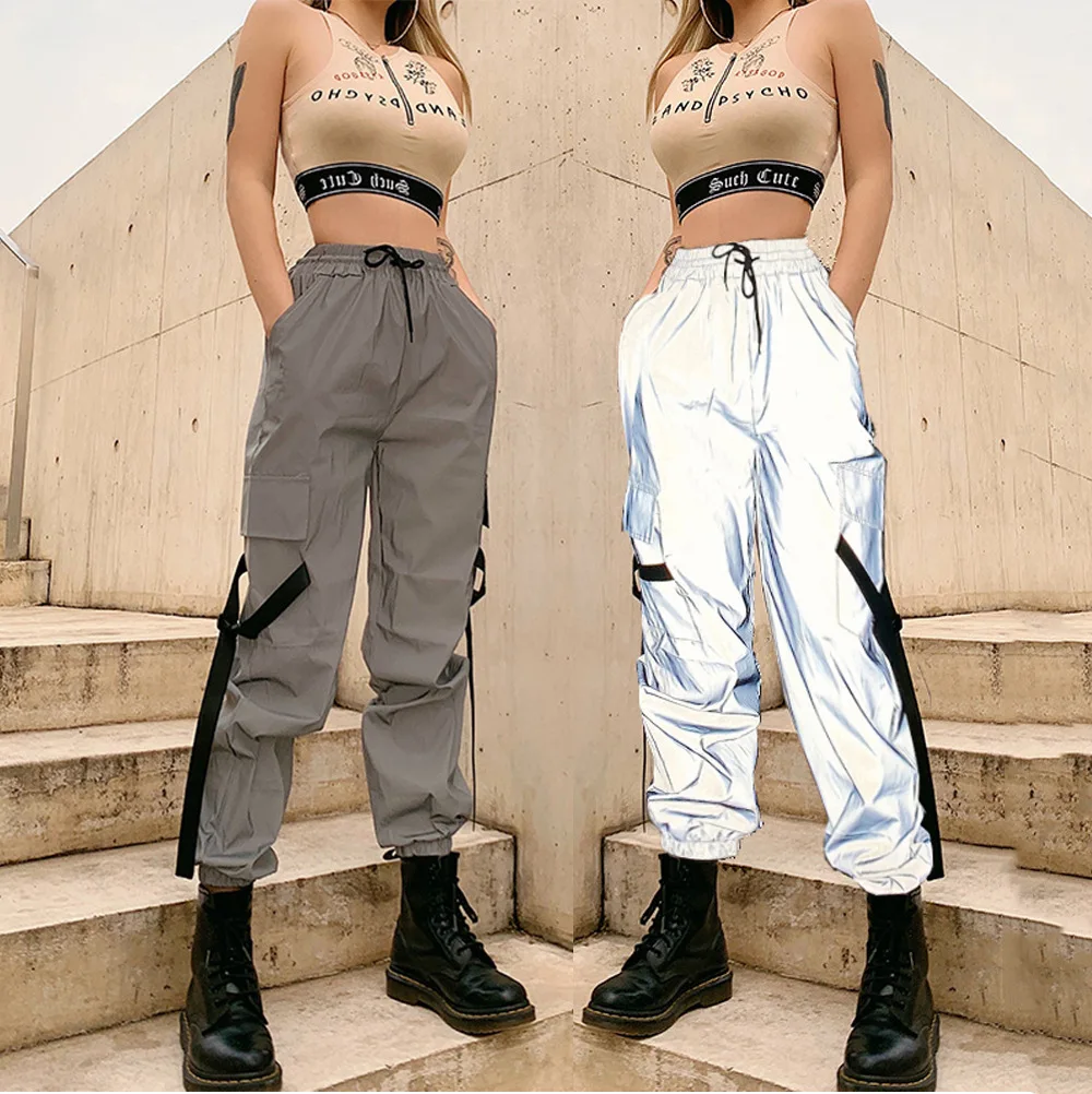 

2020 Spring and Summer New Women's Fashion High Waist Reflective Lace-up Tooling Casual Pants Women's Street Shot Pants