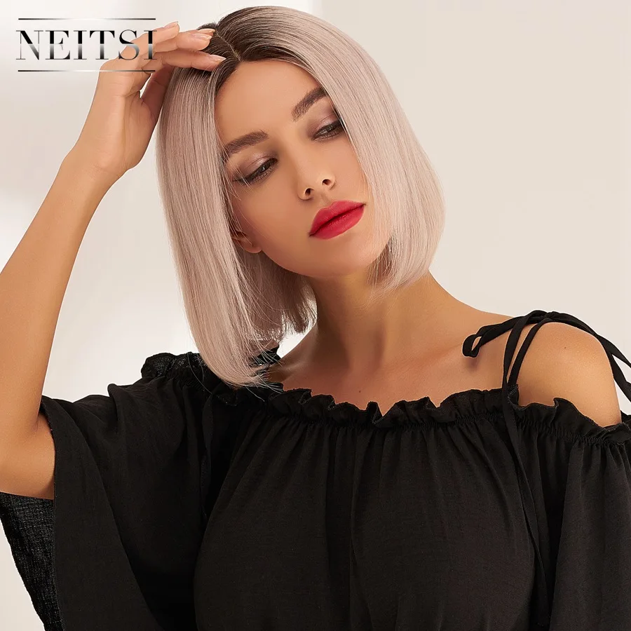 Neitsi Silver Pre Plucked Short Remy Human Hair Wig Natural Hairline Handtied Half Lace Bob Wigs 10" 12" 150% Denisty 130g/pc