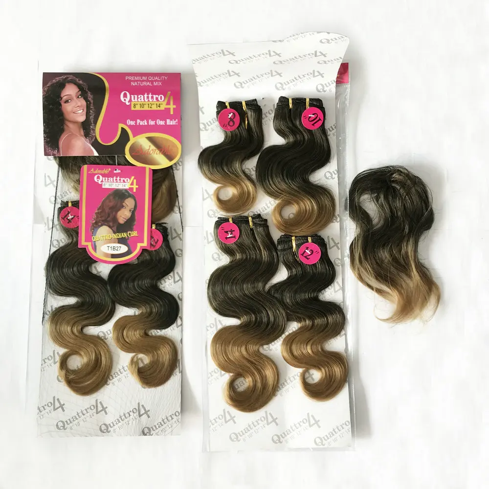 Adorable Ombre Color Body Wave Synthetic Packet Hair Weave Two Tone Quattro Indian Curl 4pcs With Free Fringe Hair Weft Blonde