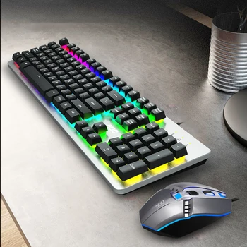 

Upscale Gaming Mouse Keyboard Waterproof Metal Panel USB Computer Wired Keyboards Mouse Set Ergonomics Rainbow Backlit Key board