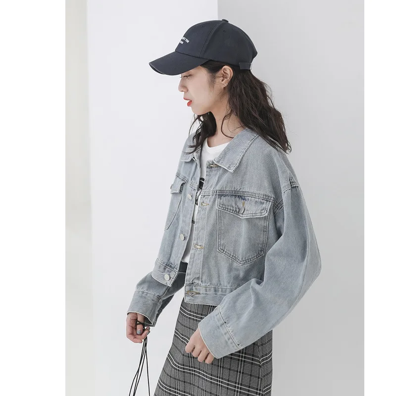 

2019 Autumn New Style Handsome Fold-down Collar American-Style Raw Cow Washing Light Color Short Jeans Coat Women's