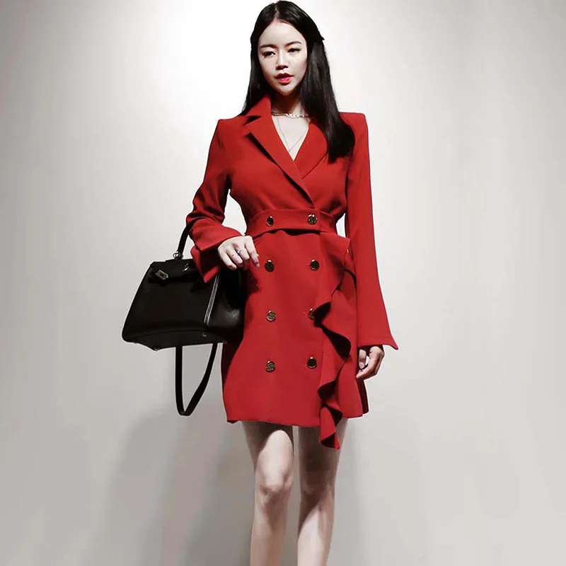 

2019 Autumn And Winter New Style Korean-style Elegant Double Breasted Slim Fit Flounced Mid-length Fashion Suit Jacket