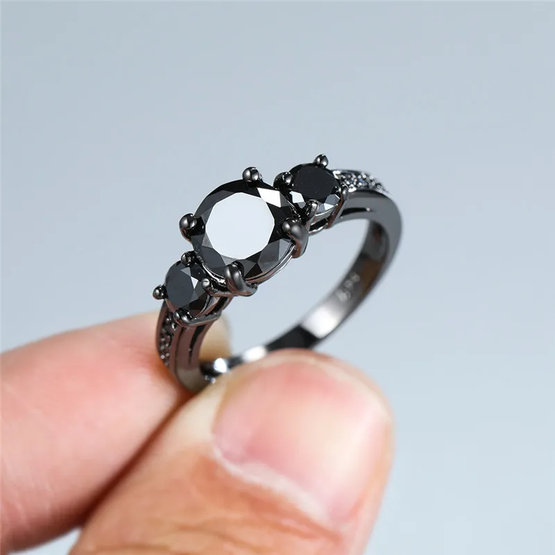 Vintage Black Round Zircon Three Stone Engagement Rings For Women Men Wedding Jewelry