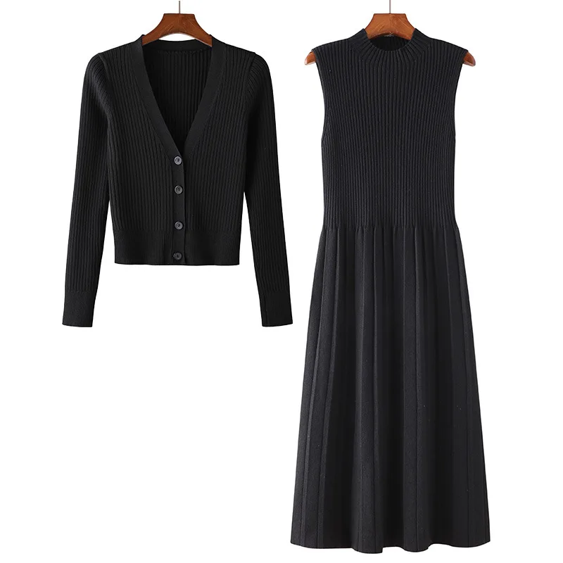 Женское платье-свитер, комплект из двух предметов, элегантное платье средней длины, вязаный костюм, кардиган, свитер, платье на бретелях, наряды