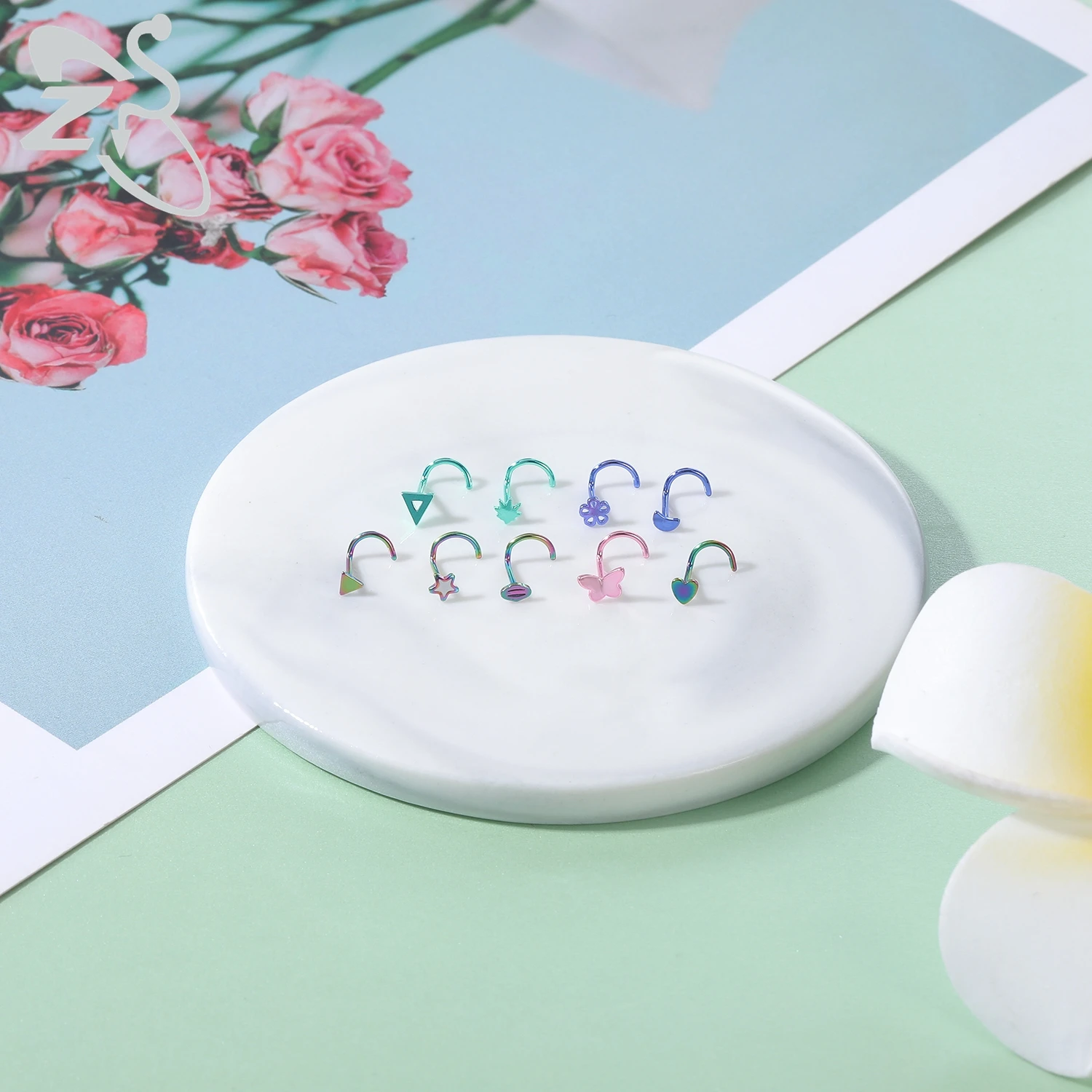 Piercing Jewelry Nose Studs Body Piercing Jewelry Body Jewelry ZS 3-9pcs/lot Stainless Steel Nose Stud Set for Women Moon Heart Star Nose Piercings Black Color L Shape Nostril Piercing Jewely