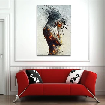 

Modern Canvas Wall Art Printed Abstract Explosion Fire Girl Canvas Painting Cool Gothic Poster Print Home Decor for Living Room