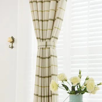 

Custom American Country High-end Cotton and Linen Fabric Yarn-dyed Green Lattice Curtains for Bedroom Balcony Bay Window
