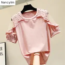 2019 летняя и осенняя женская футболка с короткими рукавами, украшенный розовым бисером модная сетка, футболка с круглым вырезом и