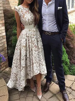 

Prom Dresses High Low Asymmetrical High Neck Bodice Lace Fabric Party Gowns