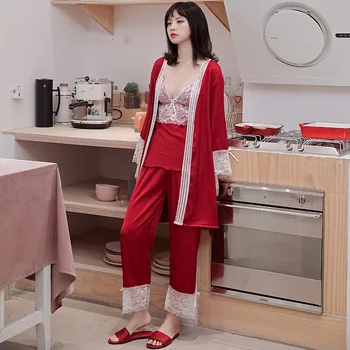 

Lace Pijamas Sleep Set Lounge Bridal Wedding Robe Sexy 3PCS Pajamas Suit Young Lady Sleepwear 2020 Spring New Robe&shirt&pants
