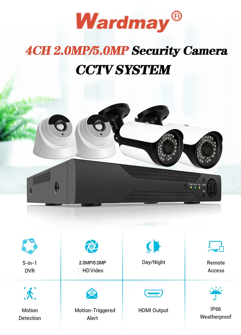 Wardmay 4CH домашняя система видеонаблюдения HD видео CCTV Проводной DVR комплекты 2.0MP 5.0MP Крытая наружная водонепроницаемая система безопасности