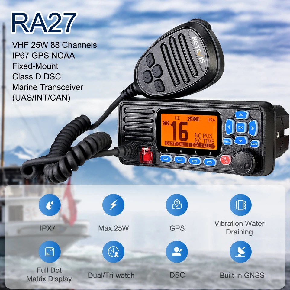 Retevis RA27 VHF Marine Radio Transceiver 25W IP67 Waterproof GPS NOAA Fixed-Mount Class D DSC Marine Transceiver (USA/INT/CAN)