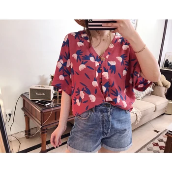 

Mid Length Blouse In Printed Crepe Viscose Osaka Tops V Neck Kimono Shirt with Pretty Little Glitter Button