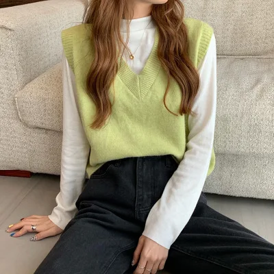 

Vest Women Solid Knitted V-neck All-match Trendy Korean Style Sleeveless Loose Simple Womens Coats Outwear Spring Fall Chic New