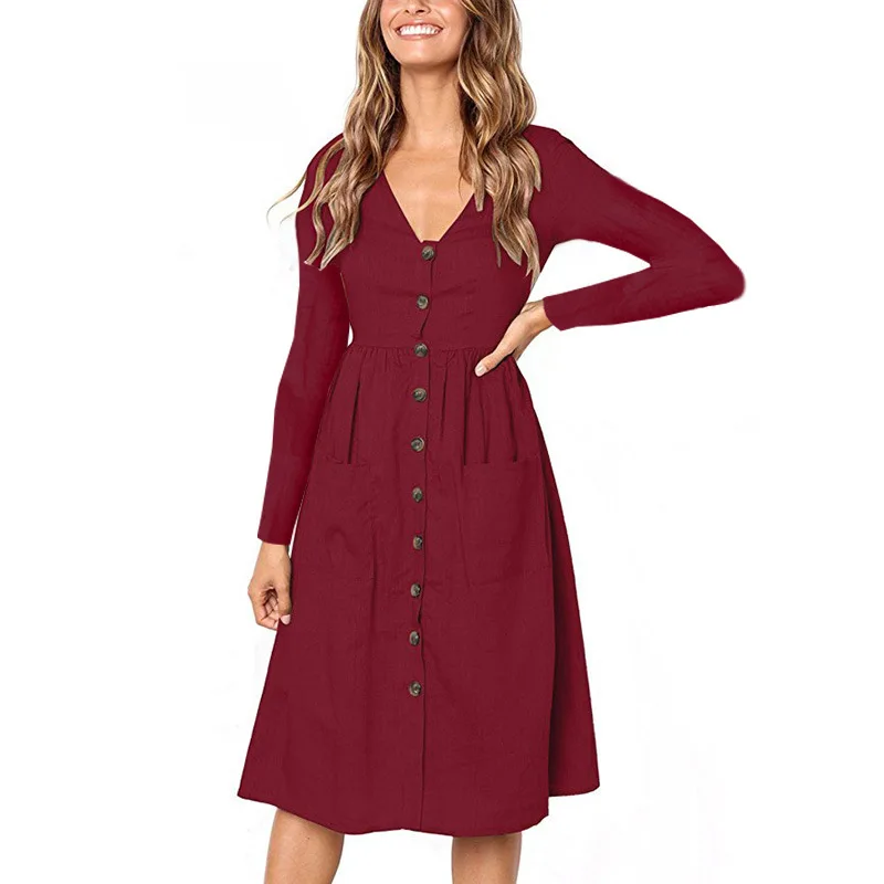 

spring and autumn vintage solid pockets woman dresses elegant a-line v-neck slim empire long sleeve female dress 90s