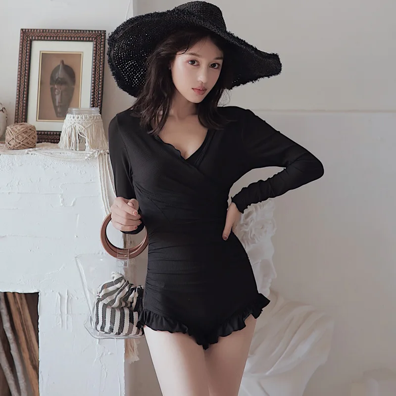 

South Korea Two-piece Swimsuits Women's One-piece Sexy Bikini Long Sleeve Blouse Conservative Small Bust Gathering Hot Springs T
