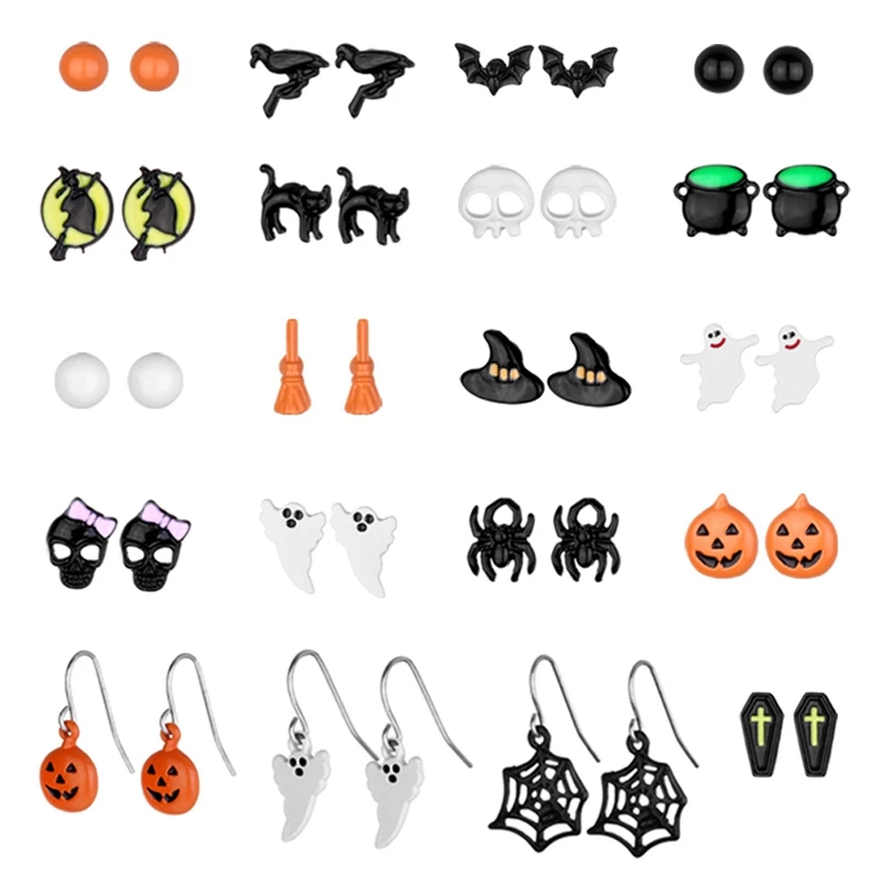 

20 Pairs/lot Punk Girls Halloween Earings Cartoon Animal Stud Earrings Set For Women Funny Pumpkin Ghost Halloween Decoration