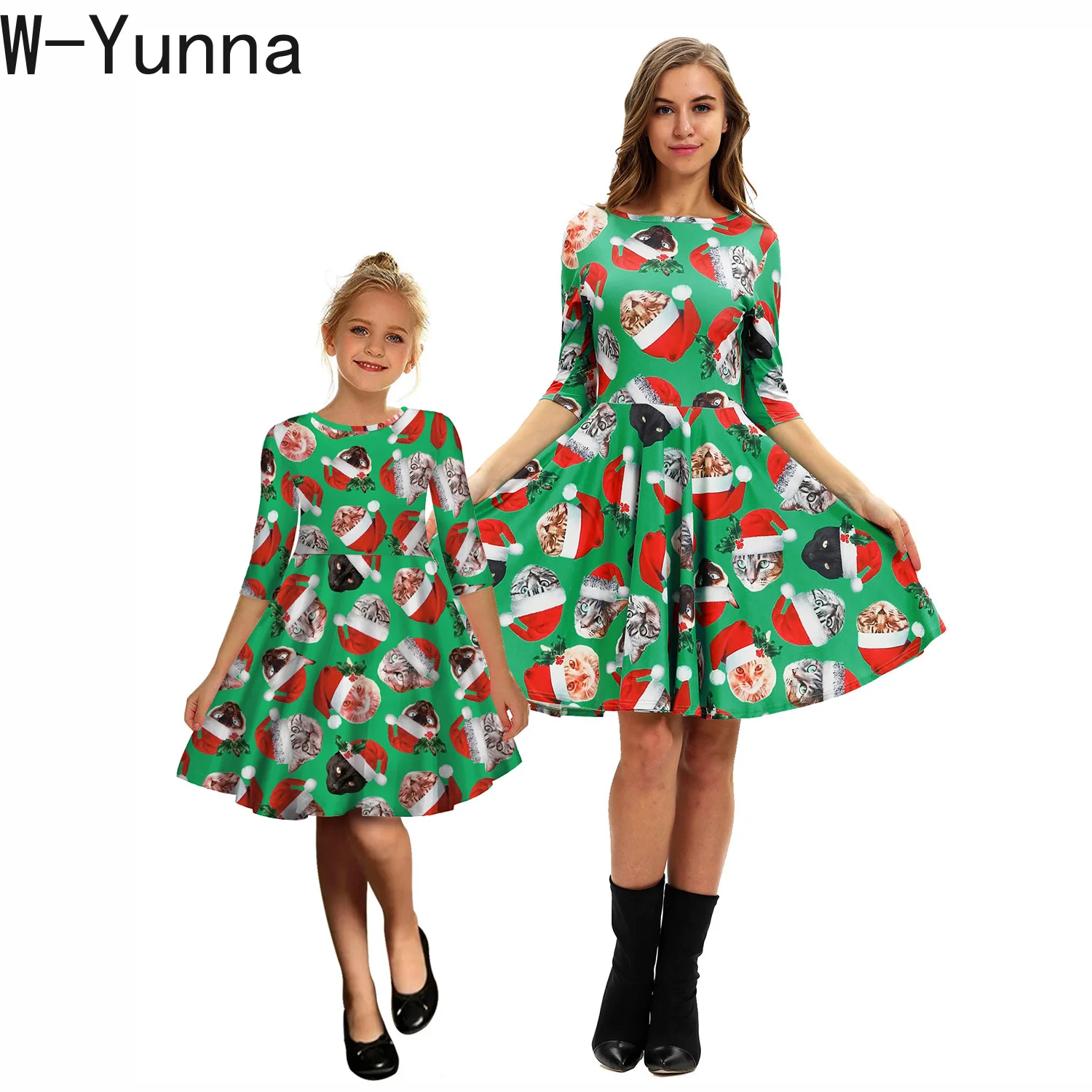 W-Yunna/Рождественская одежда для всей семьи с 3d принтом; одинаковые вечерние платья с рукавами средней длины для мамы и дочки