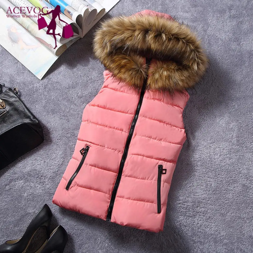 Women Casual Hooded Fur Collar Down Solid Zipper Vest Sleeveless Slim Coat Winter Pockets