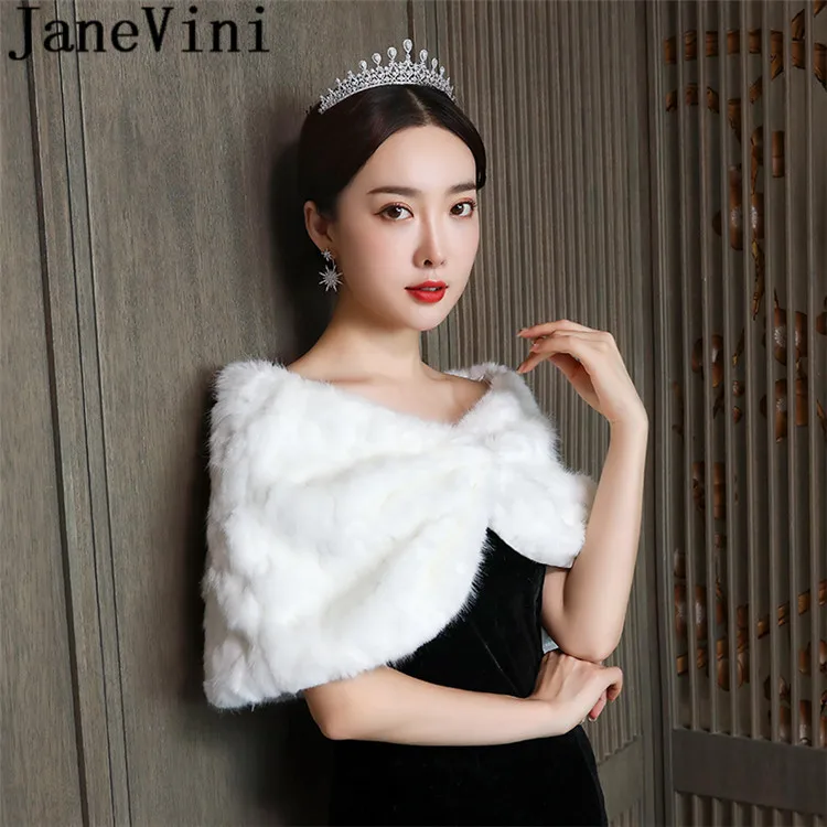 JaneVini Winter Bride Fur Coat Bridal Top Wraps Shoulder Cover Capes Evening Jacket for Women Fake Fur Bolero Novia Kadın Ceket