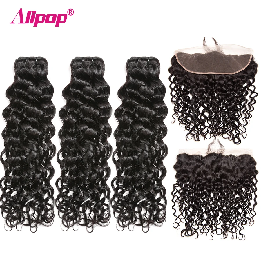 

Water Wave Bundles With Closure Brazilian Remy Human Hair Closure 3Bundles Human Hair Bundles With Frontal 13*4 ALIPOP