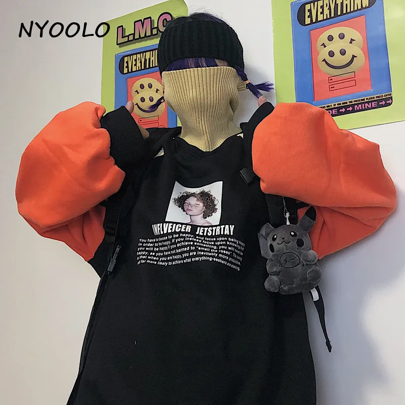 NYOOLO, Повседневный пуловер с буквенным принтом, из двух частей, в стиле пэчворк, свободный, с капюшоном, Осень-зима, утолщенный, теплый, водолазка, пуловер, Толстовка для женщин - Цвет: Черный