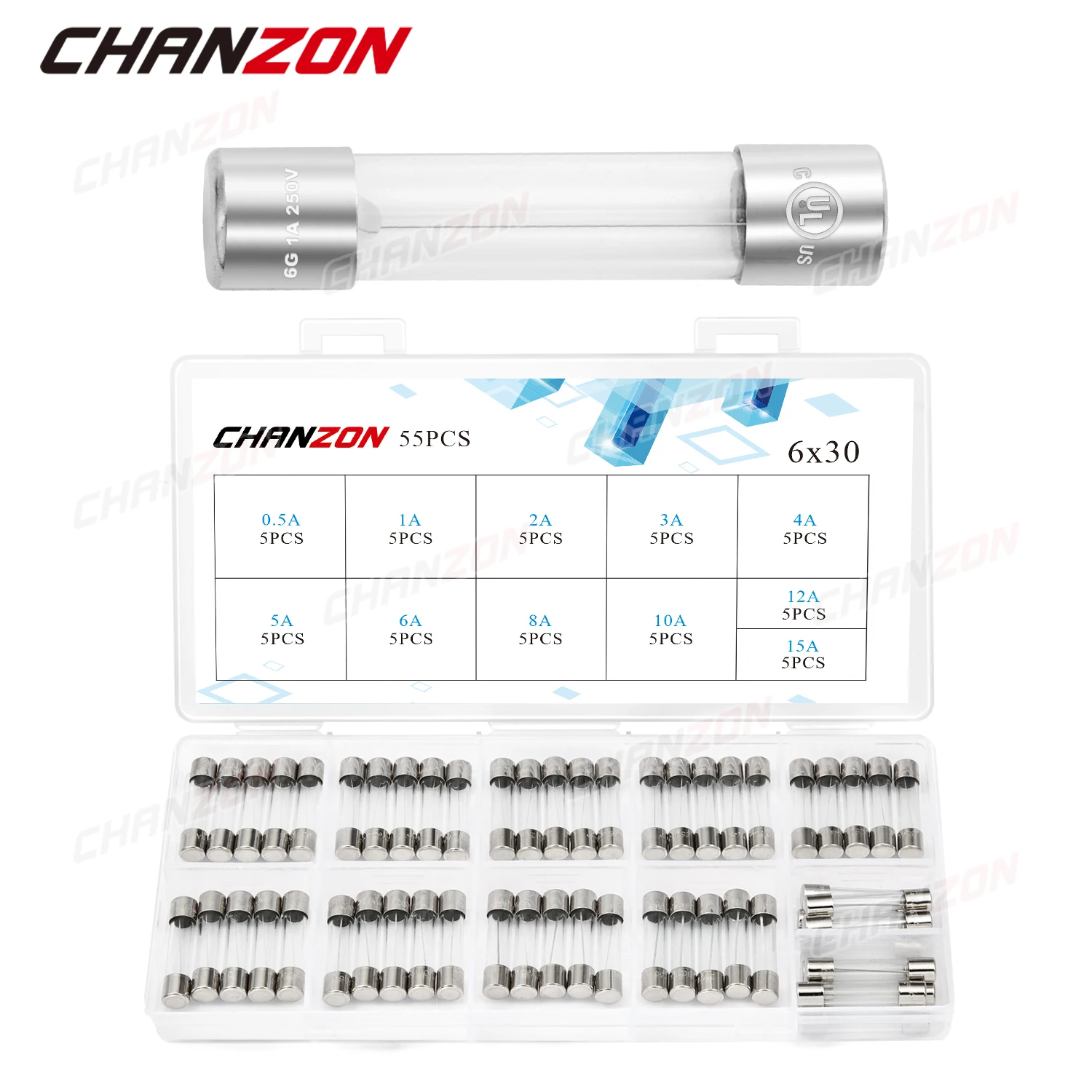 Set Di Fusibili Per Tubi In Vetro A Soffiaggio Rapido 6X30 6*30 0.5A 1A 2A 3A 4A 5A 6A 8A 10A 12A 15A 250V 125V 12V Kit Assortito Con Scatola 55 Pezzi