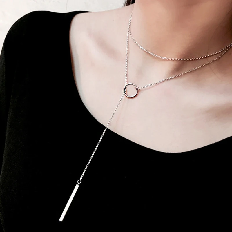 Venta caliente de la joyería de la plata esterlina 925 círculo de collar de cadena larga de colgantes para las mujeres de moda de la joyería de la plata esterlina
