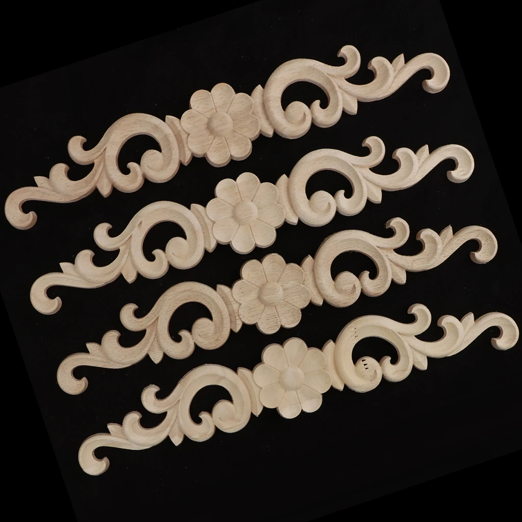 4pc Wood Carved Onlay Applique Craft Unpainted Furniture Home Decoration Crafts