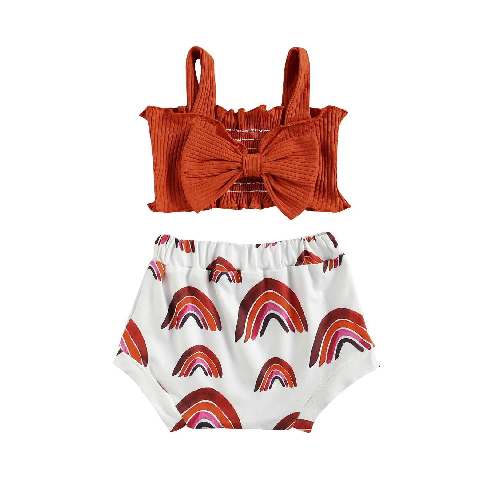 newborn baby clothing set Baby Girl 2Pcs Summer Clothes Set, Solid Color Big Bow Decoration Short Ribbed Tank Tops with Rainbow Printed Triangle Shorts new baby clothing set	 Baby Clothing Set
