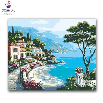 

scenery villa sea harbour European style Hotel family decoration diy ditigal oil painting package by numbers with kits