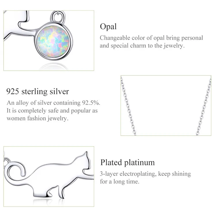 925 Sterling Silver Kitty Pussy Cat with Ball Opal  Chain Necklace Bracelet Jewelry Sets Statement Jewelry Gifts - PeticaDeals
