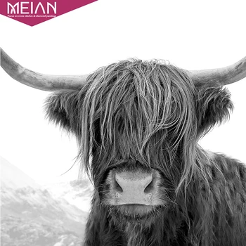 

MEIAN 5d DIY Diamond Embroide Highland Cow Full round Diamond Painting Cross Stitch Black White art Diamond Mosaic home decor